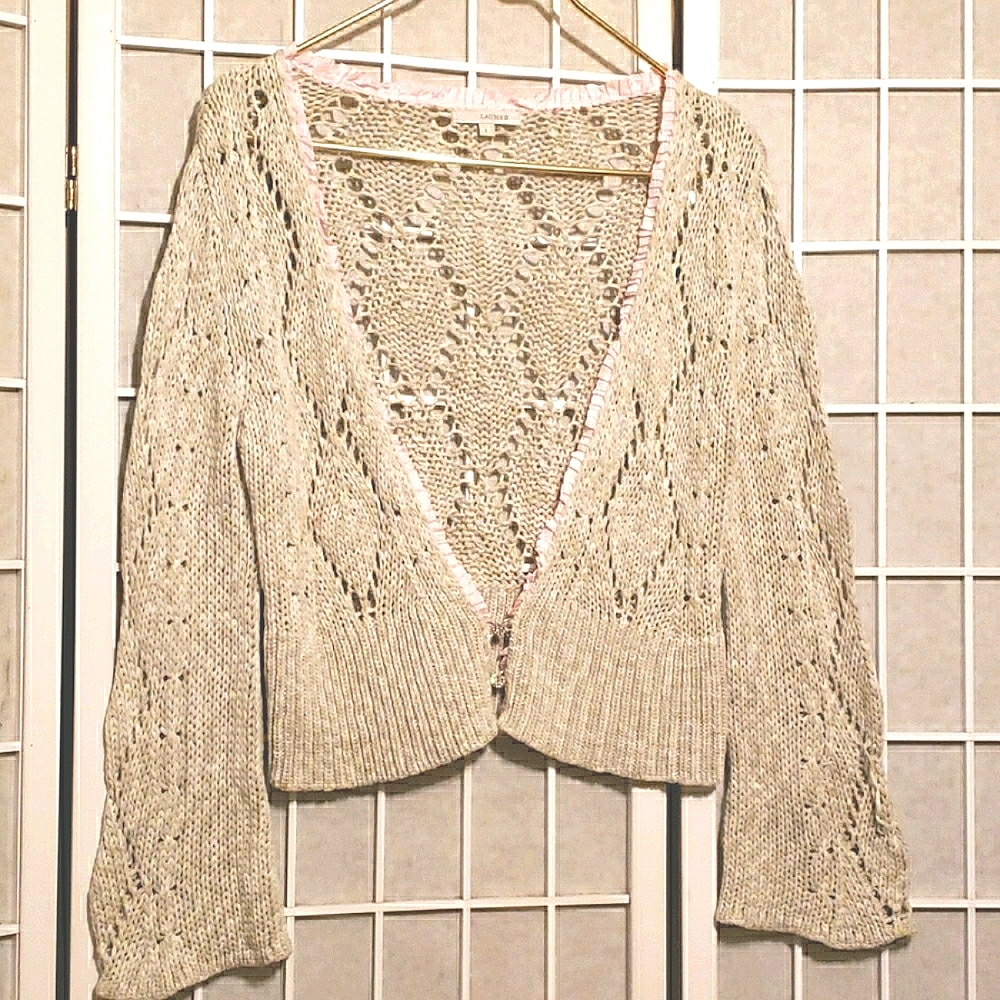 LAURIE B. PINK/GREEN CROCHETED SWEATER SZ L
